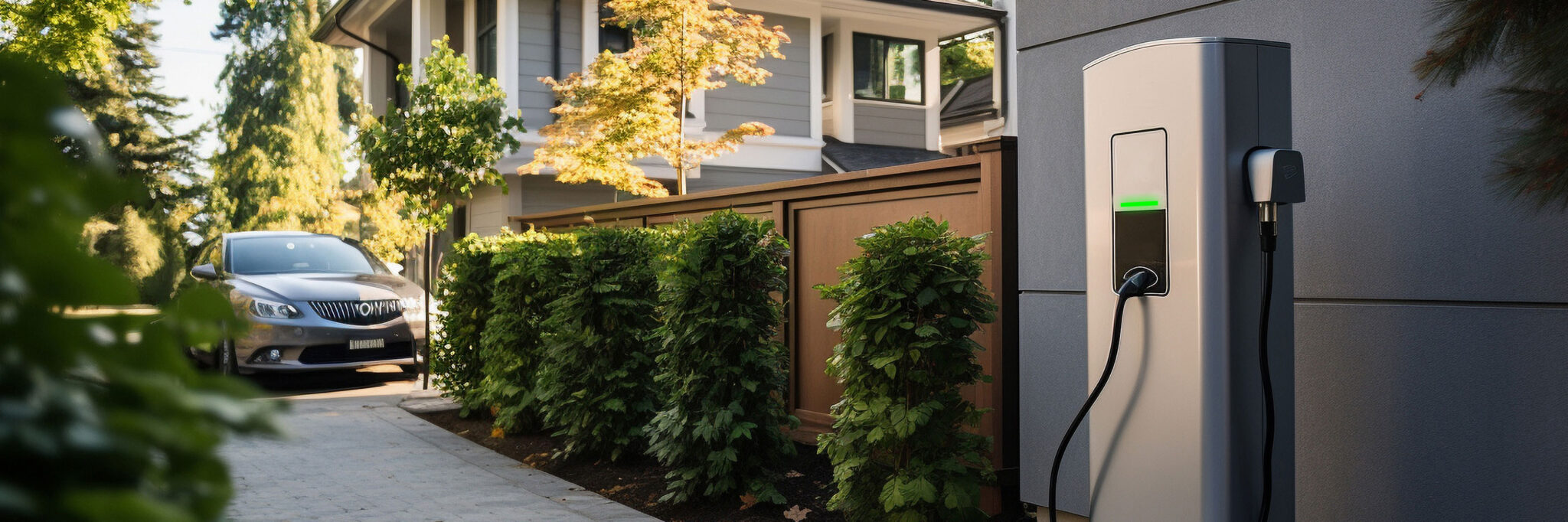 Einfamilienhaus mit Ladesäule bei abendlichem Licht