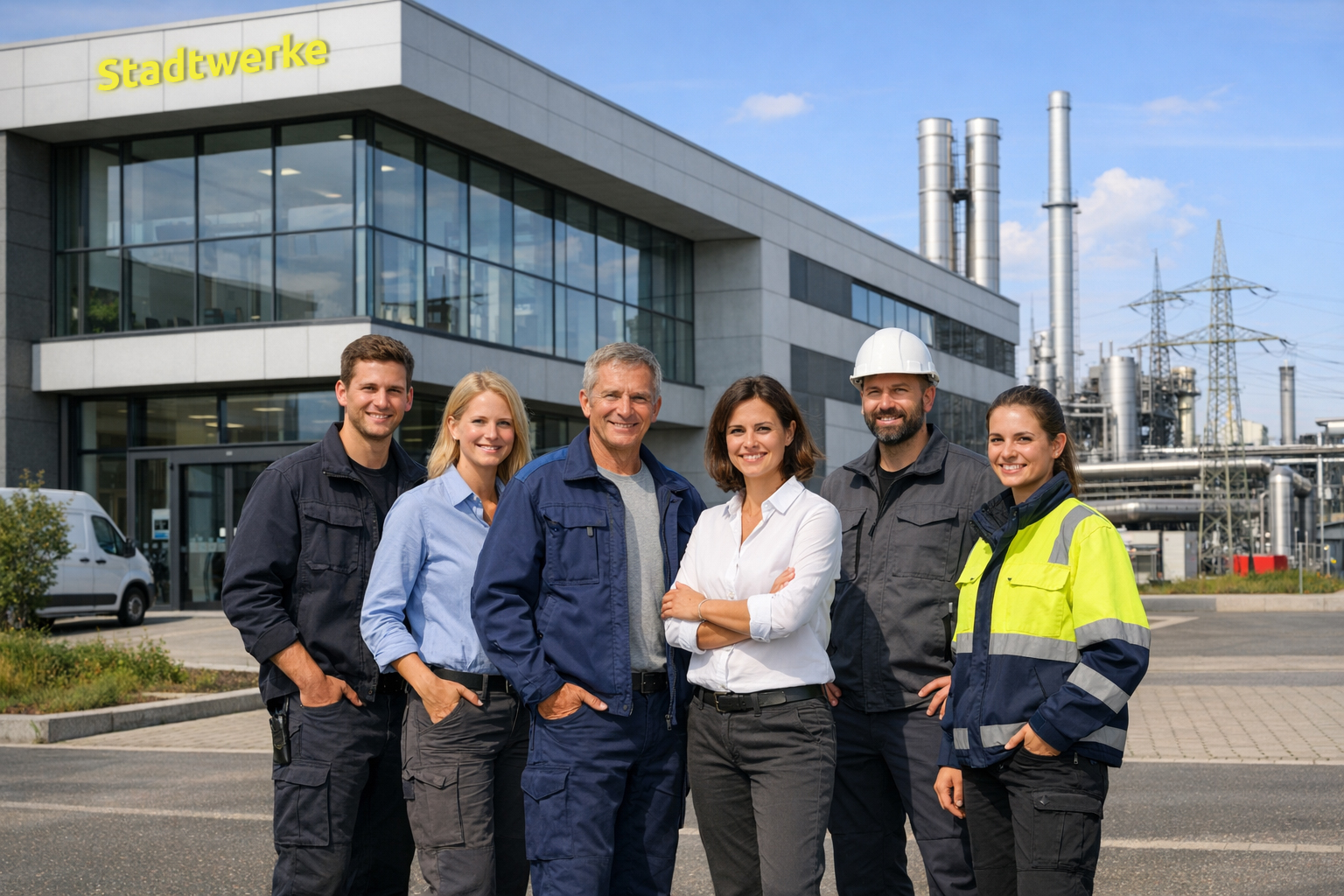 Ein freundliches Team vor einem Stadtwerk