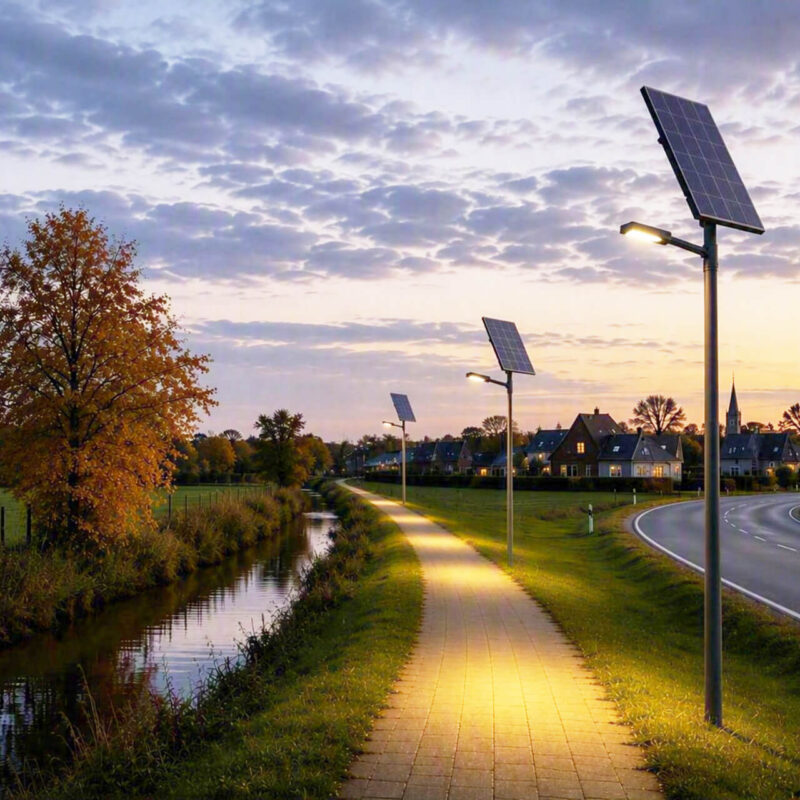 Ländliche Szene mit einem Kanal, daneben ein Fußweg mit moderner Straßenbeleuchtung in abendlicher Stimmung