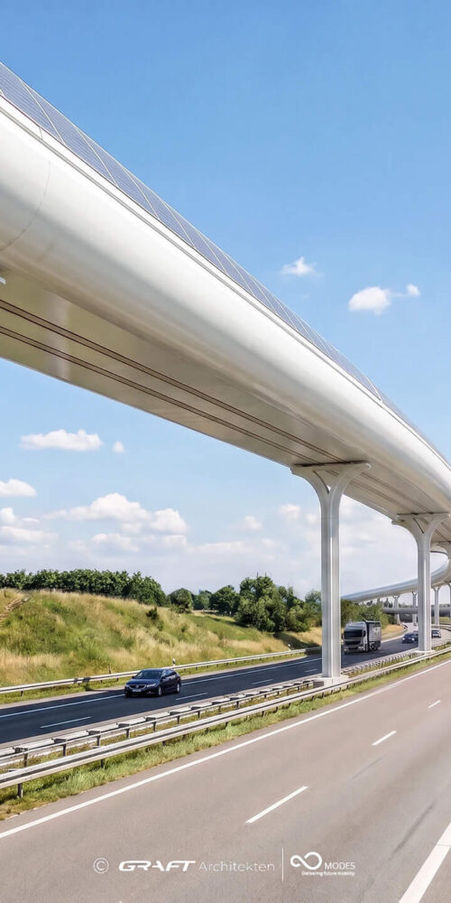 Ansicht einer Hyperloop-Trasse, installiert auf dem Mittelstreifen einer deutschen Autobahn