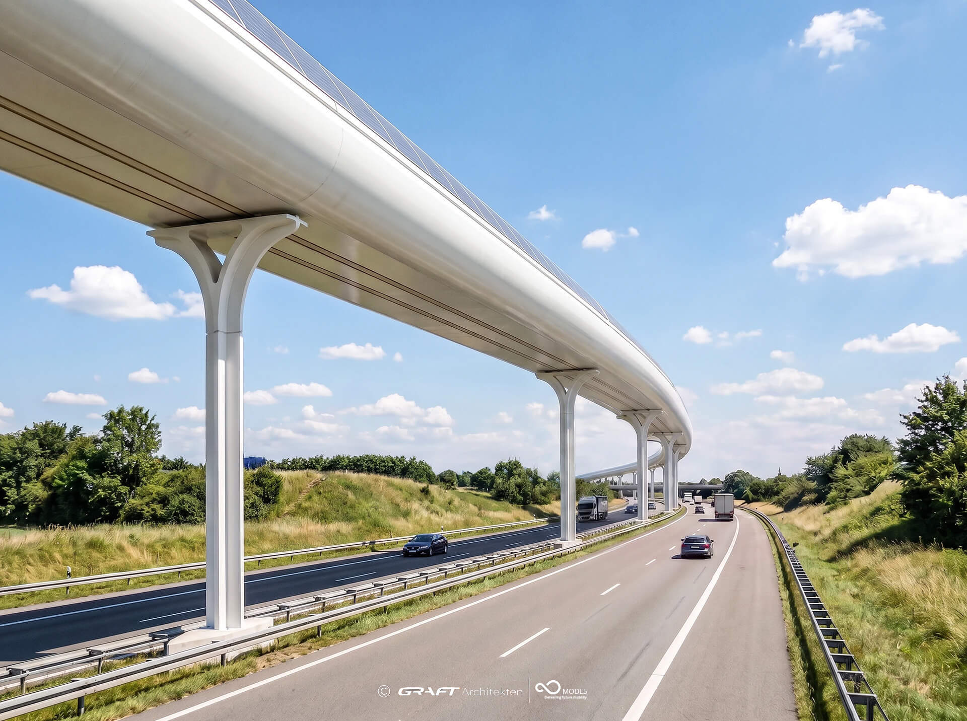 Ansicht einer Hyperloop-Trasse, installiert auf dem Mittelstreifen einer deutschen Autobahn