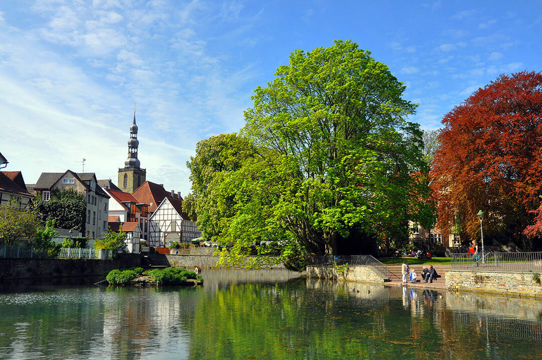 Blick auf den großen Teich mit dem St.-Patrokli.Dom im Hintergrund in Soest